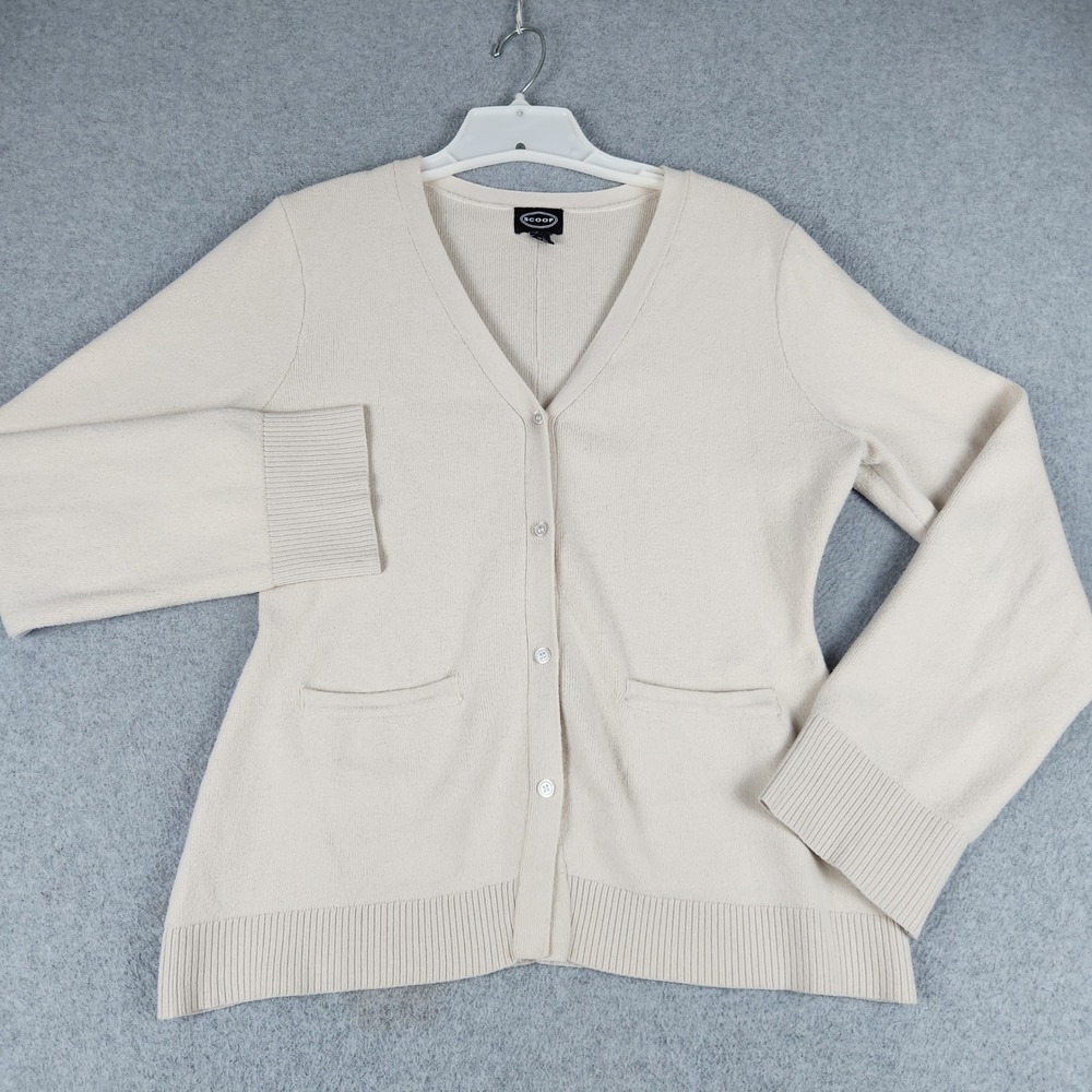 Scoop Cardigan Sweater Womens Medium Beige Tight Knitted V-Neck Button Front